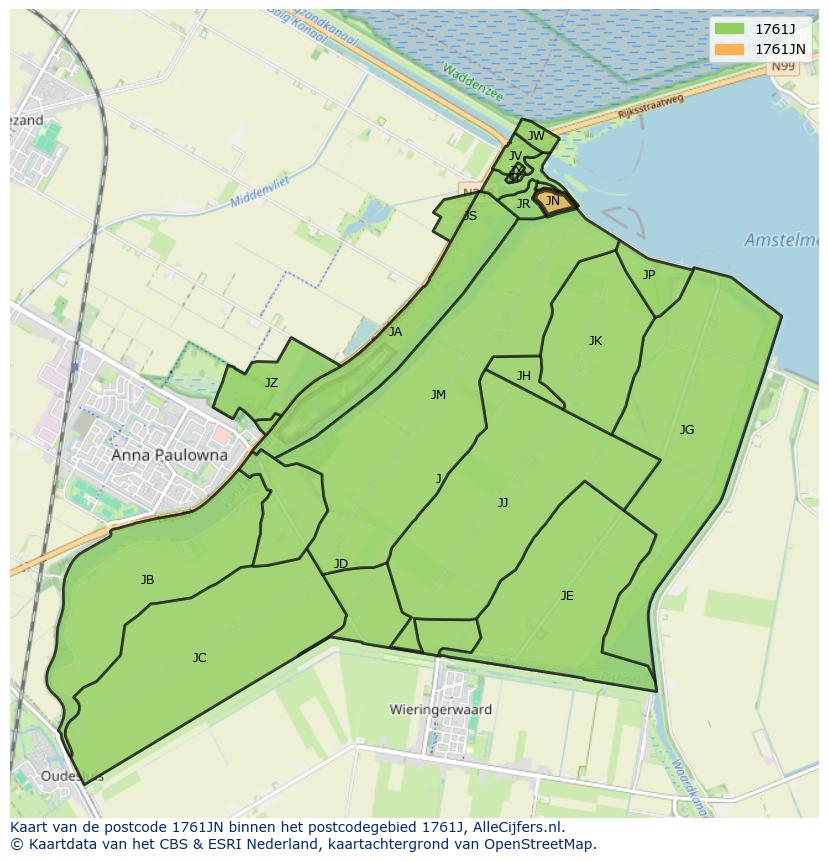 Afbeelding van het postcodegebied 1761 JN op de kaart.