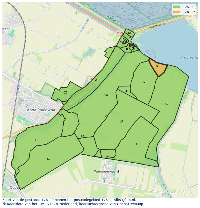 Afbeelding van het postcodegebied 1761 JP op de kaart.