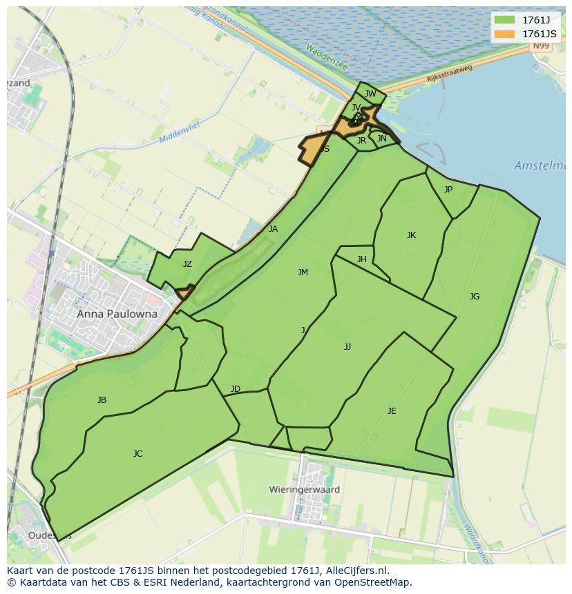 Afbeelding van het postcodegebied 1761 JS op de kaart.