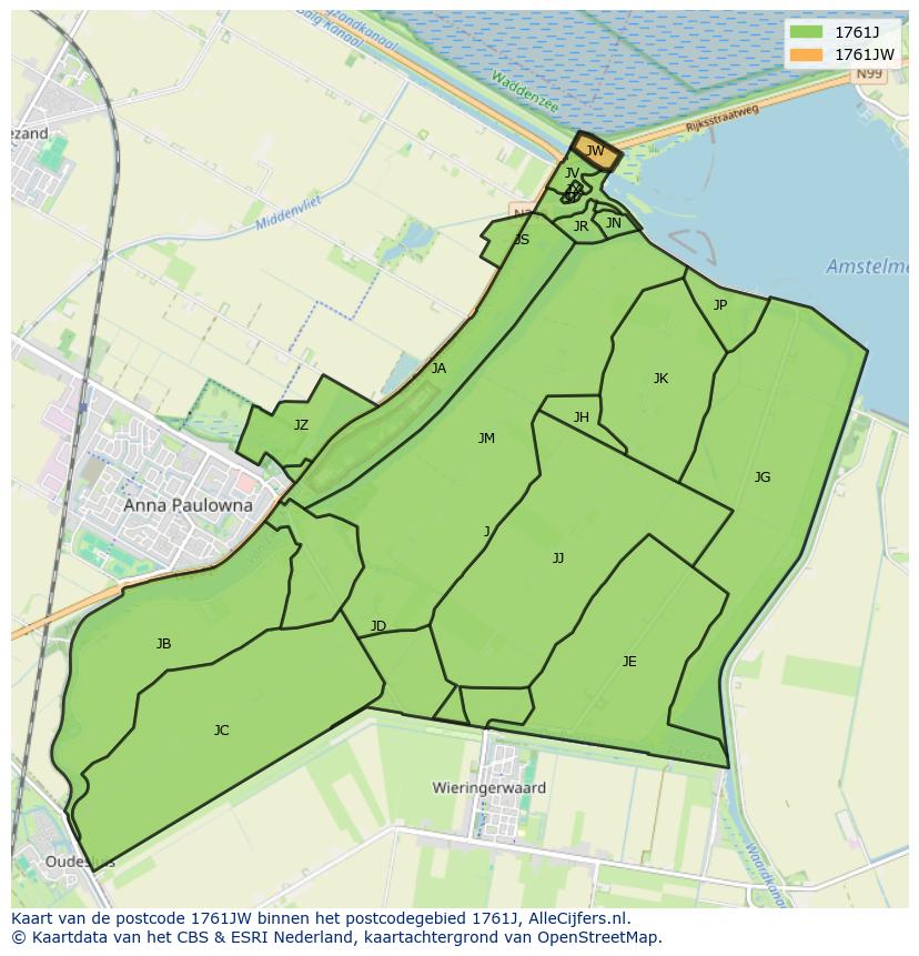 Afbeelding van het postcodegebied 1761 JW op de kaart.