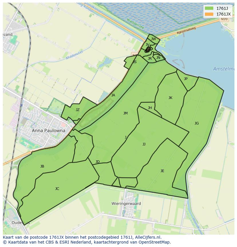 Afbeelding van het postcodegebied 1761 JX op de kaart.