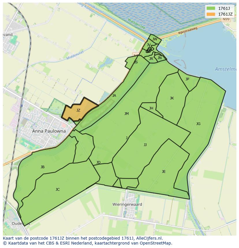 Afbeelding van het postcodegebied 1761 JZ op de kaart.