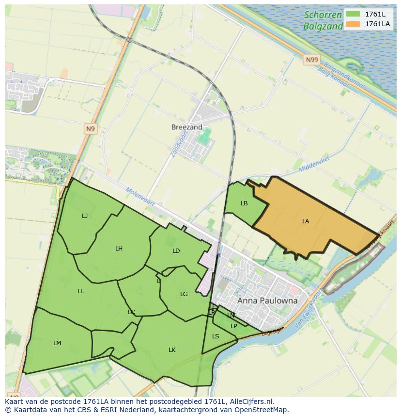 Afbeelding van het postcodegebied 1761 LA op de kaart.