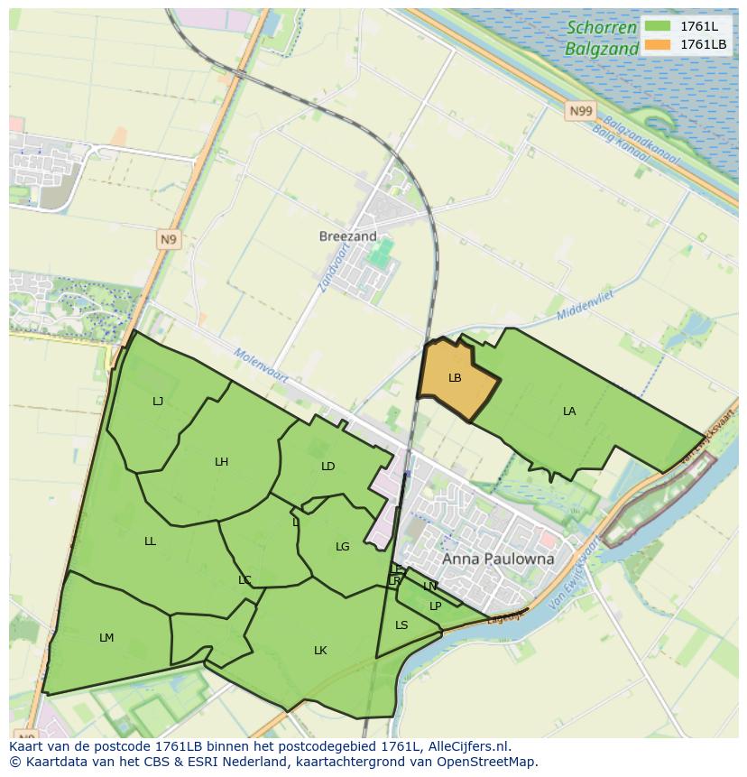 Afbeelding van het postcodegebied 1761 LB op de kaart.