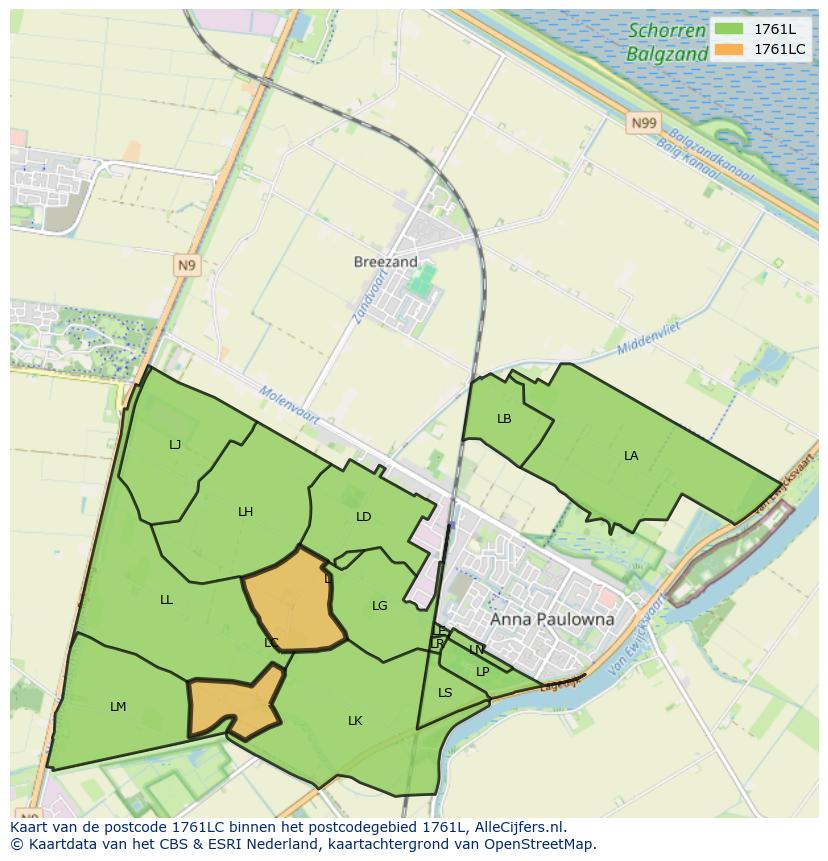 Afbeelding van het postcodegebied 1761 LC op de kaart.