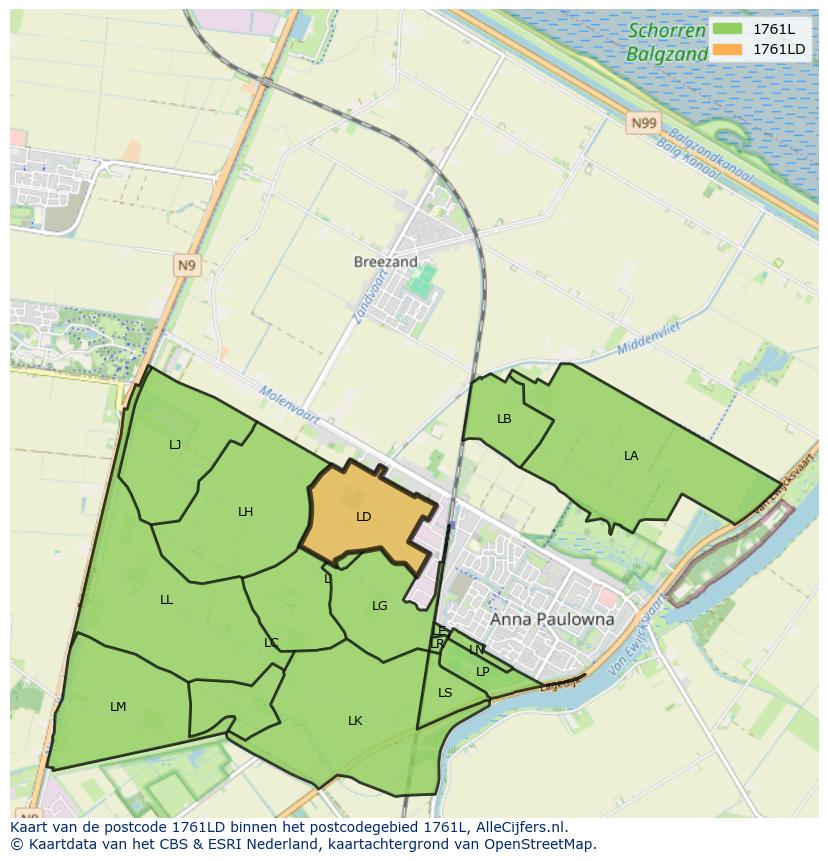 Afbeelding van het postcodegebied 1761 LD op de kaart.