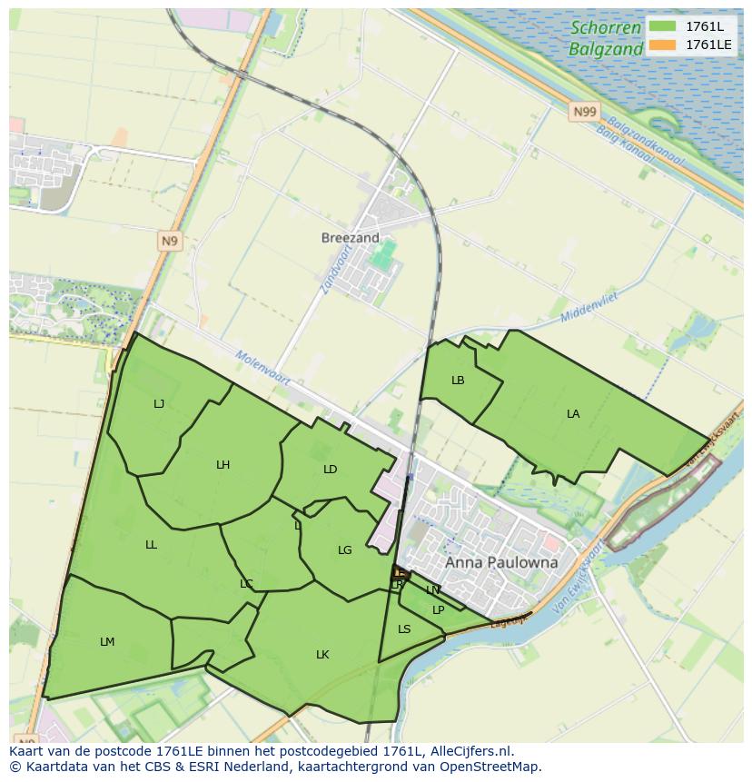 Afbeelding van het postcodegebied 1761 LE op de kaart.