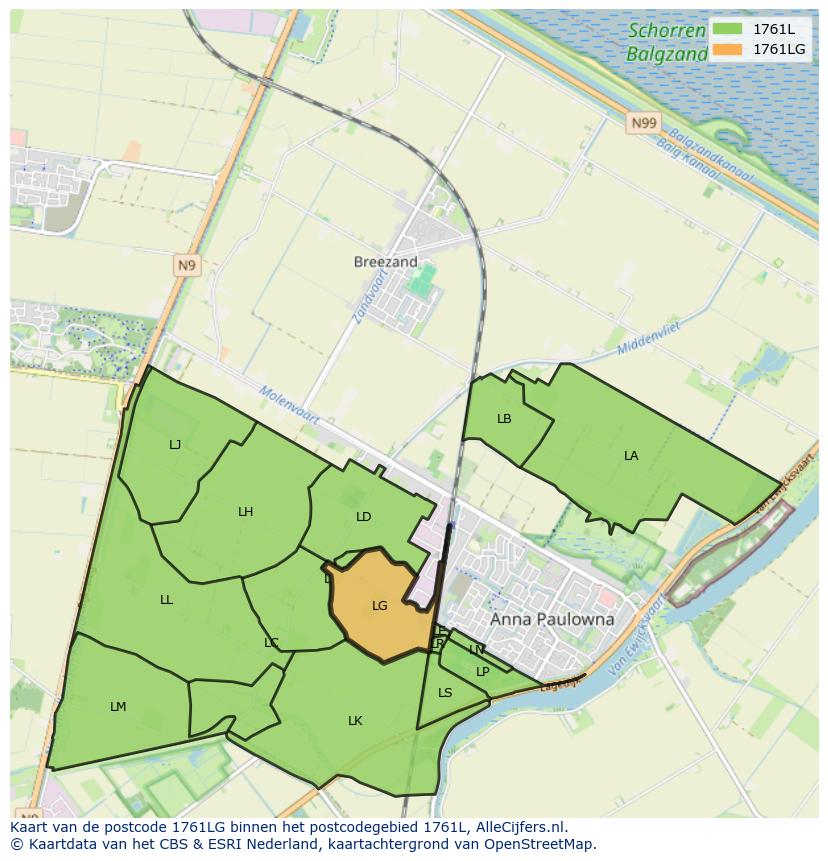 Afbeelding van het postcodegebied 1761 LG op de kaart.