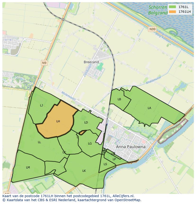 Afbeelding van het postcodegebied 1761 LH op de kaart.