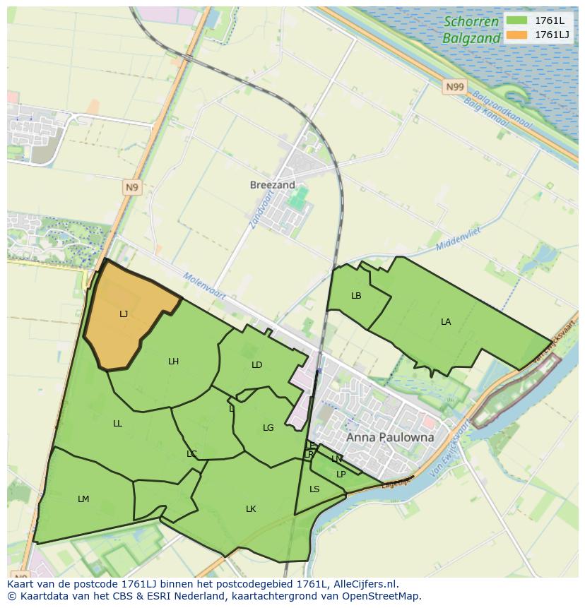 Afbeelding van het postcodegebied 1761 LJ op de kaart.