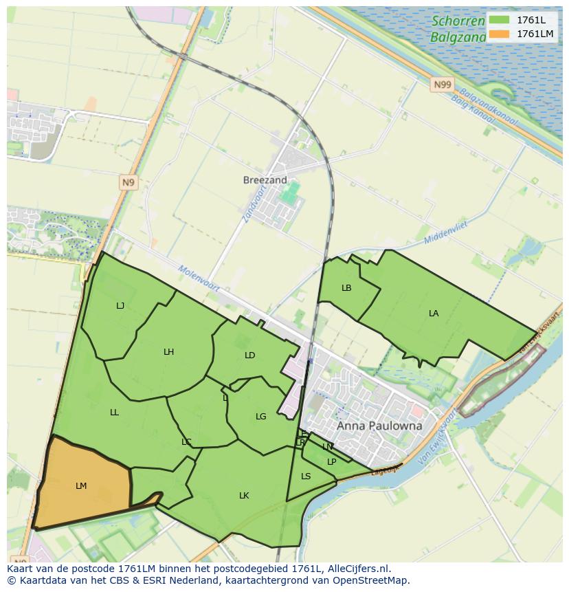 Afbeelding van het postcodegebied 1761 LM op de kaart.