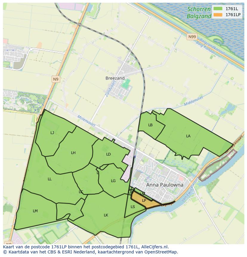 Afbeelding van het postcodegebied 1761 LP op de kaart.