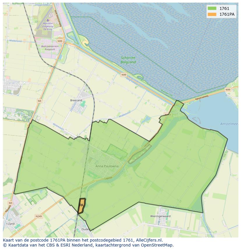 Afbeelding van het postcodegebied 1761 PA op de kaart.