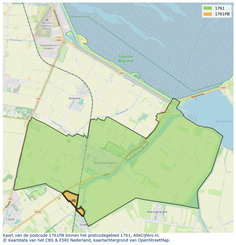 Afbeelding van het postcodegebied 1761 PB op de kaart.