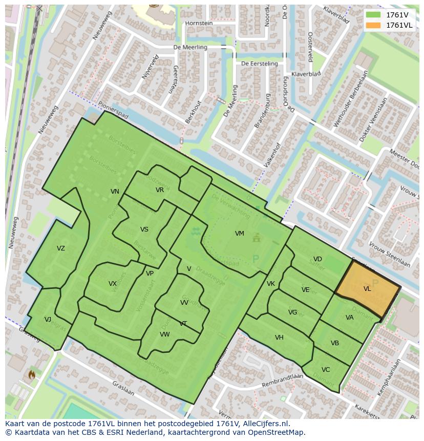 Afbeelding van het postcodegebied 1761 VL op de kaart.