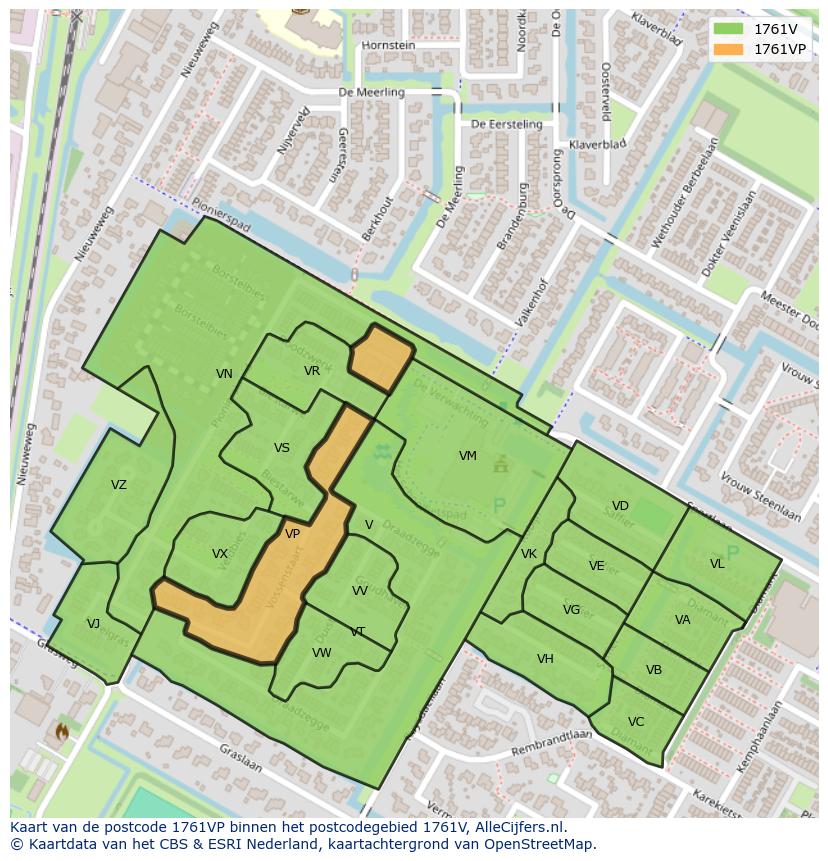 Afbeelding van het postcodegebied 1761 VP op de kaart.