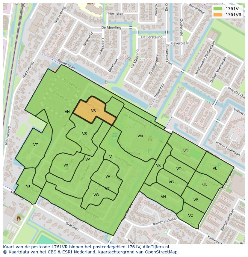 Afbeelding van het postcodegebied 1761 VR op de kaart.