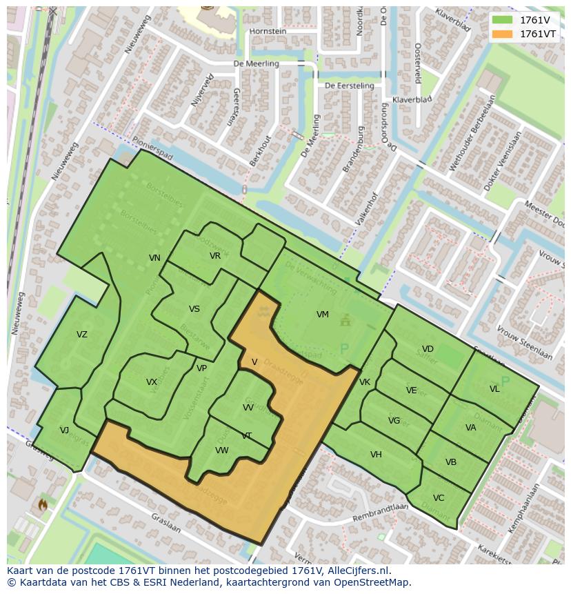 Afbeelding van het postcodegebied 1761 VT op de kaart.