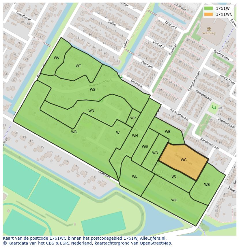Afbeelding van het postcodegebied 1761 WC op de kaart.