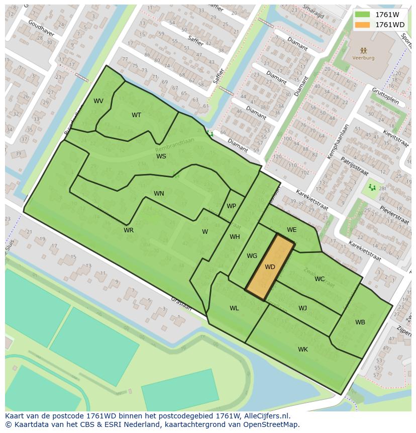 Afbeelding van het postcodegebied 1761 WD op de kaart.