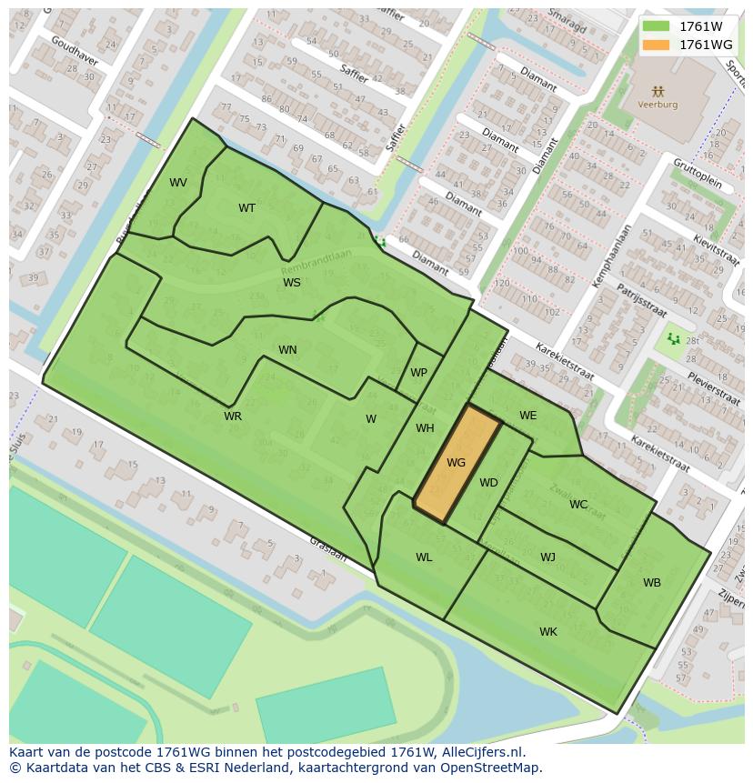 Afbeelding van het postcodegebied 1761 WG op de kaart.
