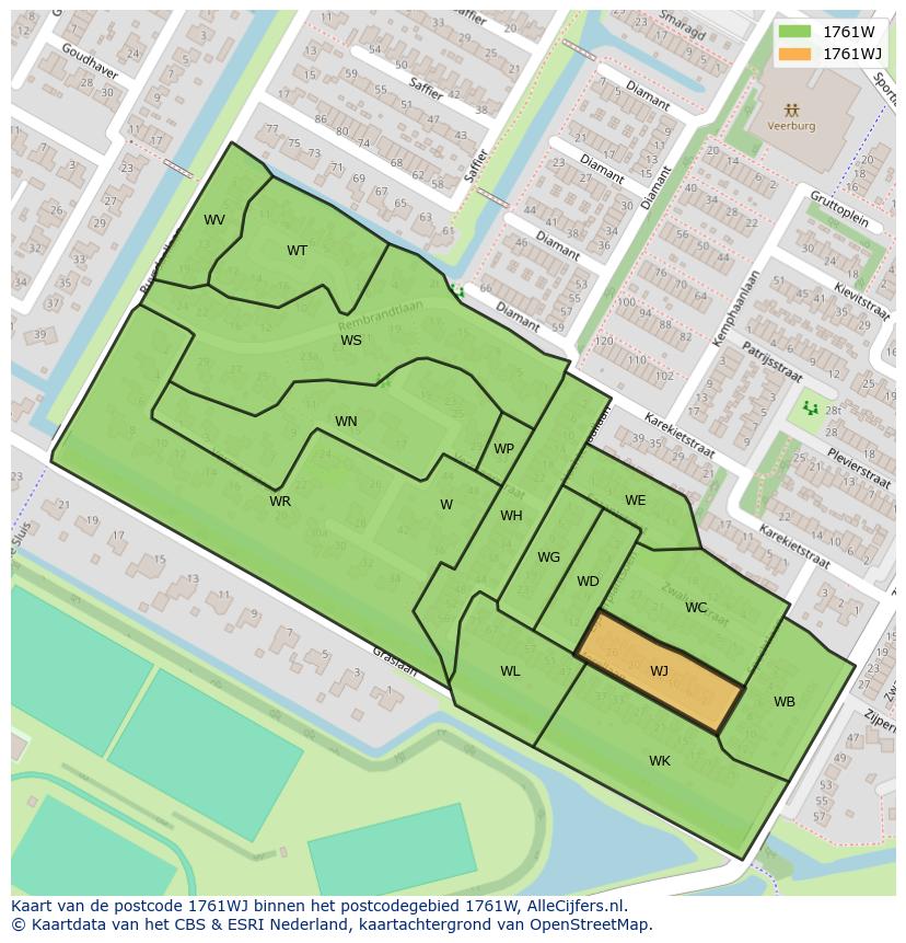 Afbeelding van het postcodegebied 1761 WJ op de kaart.