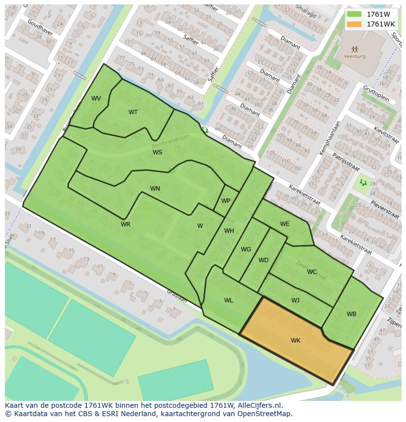 Afbeelding van het postcodegebied 1761 WK op de kaart.