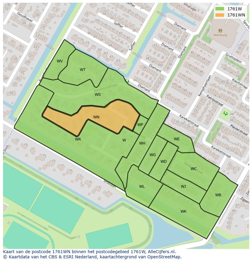 Afbeelding van het postcodegebied 1761 WN op de kaart.
