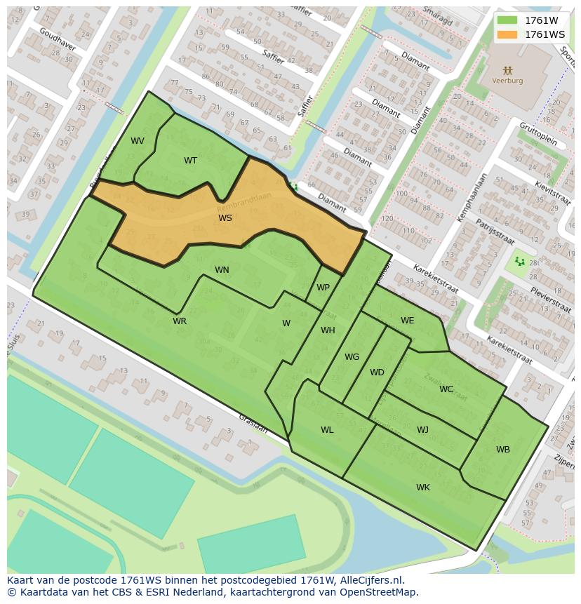 Afbeelding van het postcodegebied 1761 WS op de kaart.