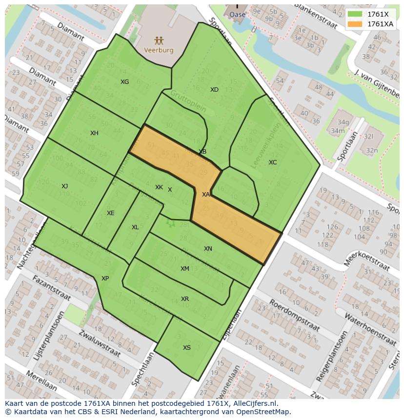 Afbeelding van het postcodegebied 1761 XA op de kaart.