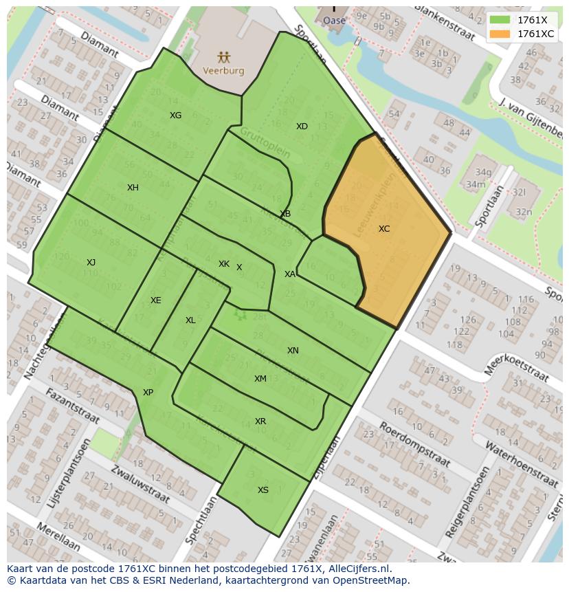 Afbeelding van het postcodegebied 1761 XC op de kaart.
