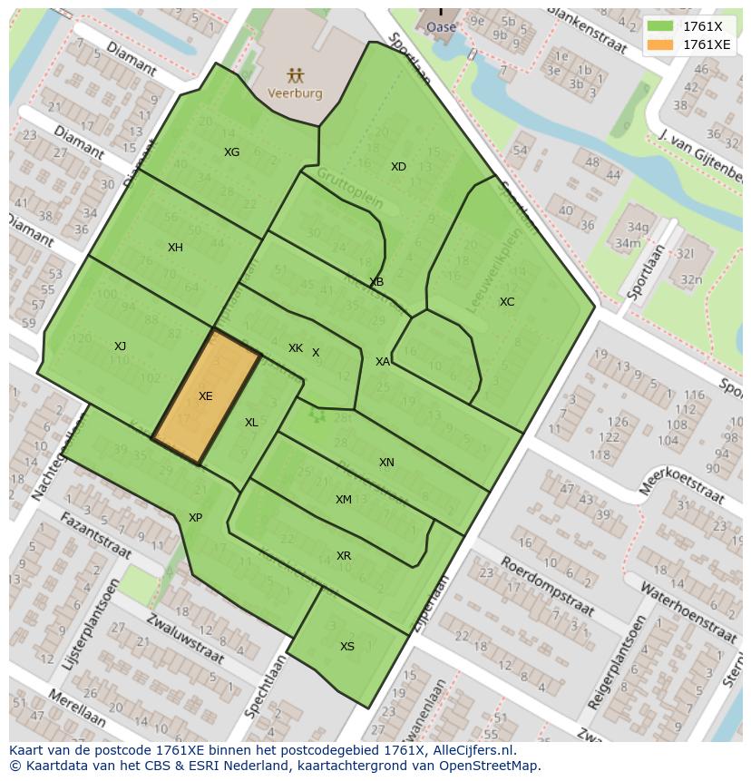 Afbeelding van het postcodegebied 1761 XE op de kaart.