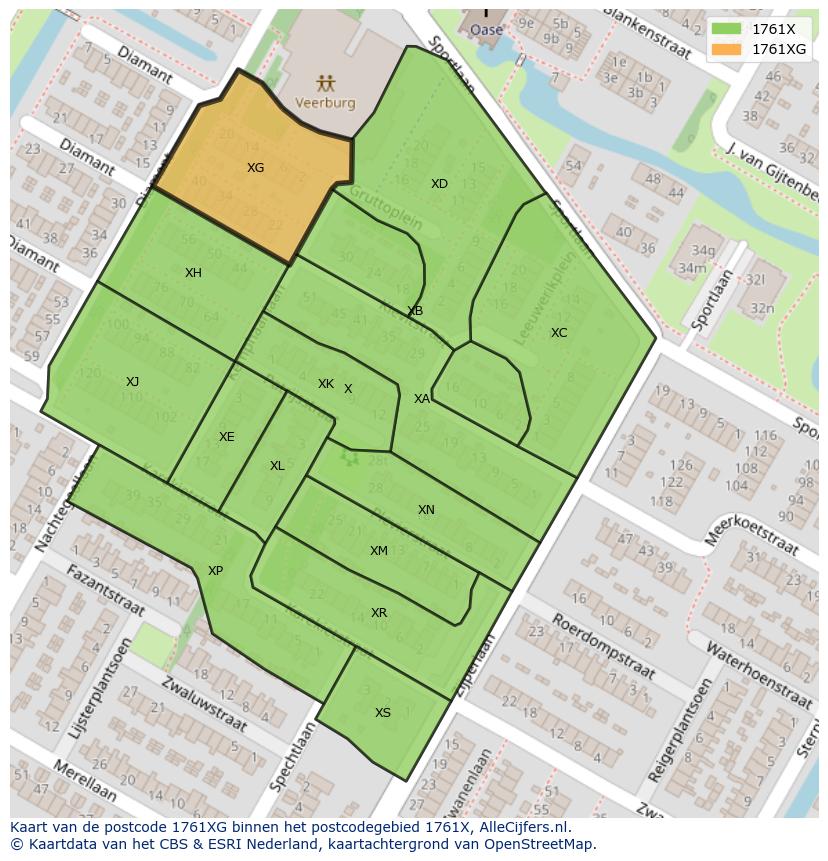 Afbeelding van het postcodegebied 1761 XG op de kaart.