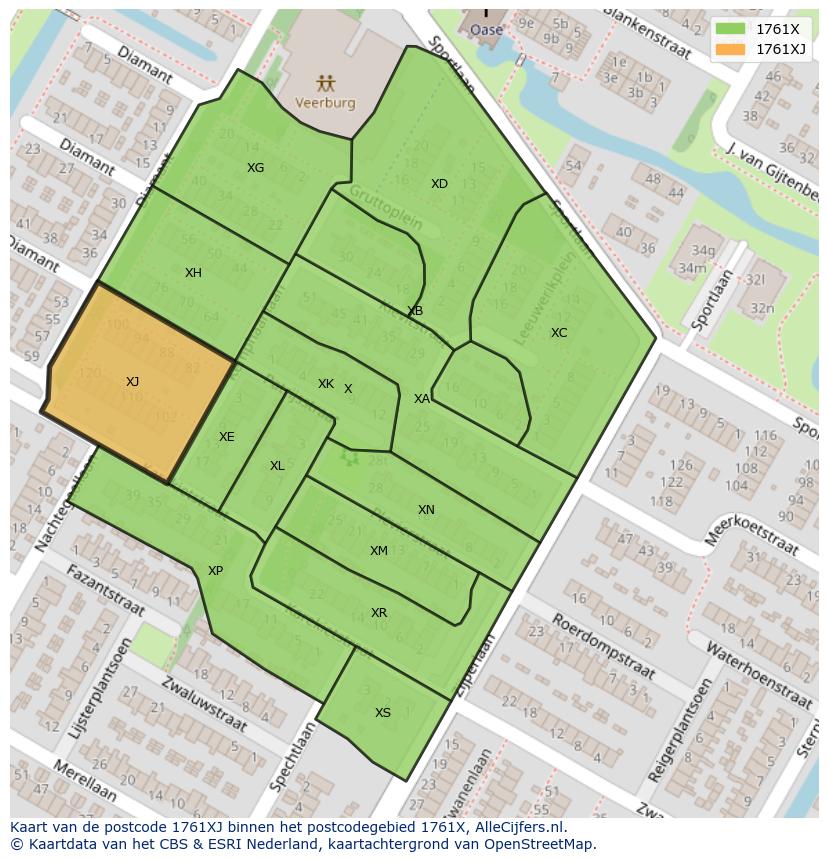 Afbeelding van het postcodegebied 1761 XJ op de kaart.