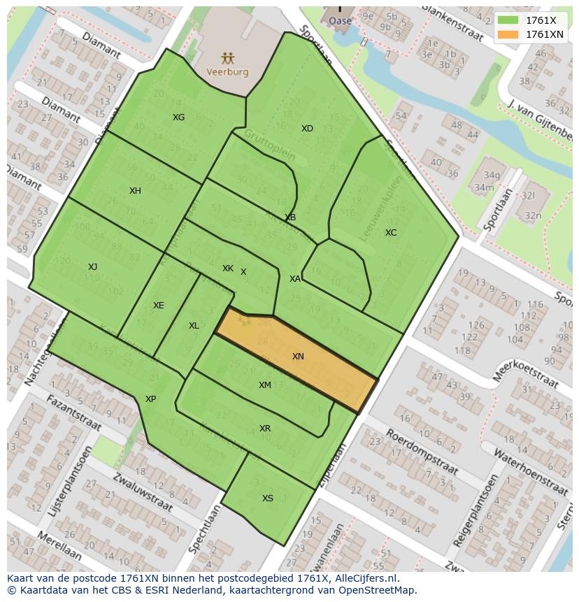 Afbeelding van het postcodegebied 1761 XN op de kaart.