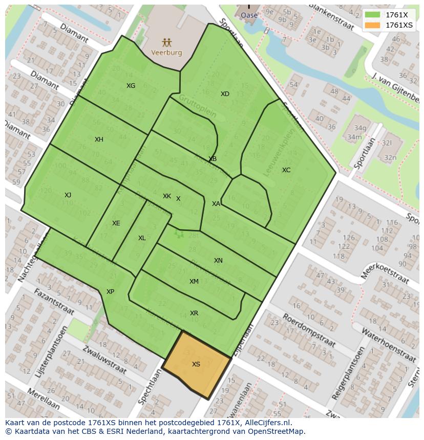 Afbeelding van het postcodegebied 1761 XS op de kaart.