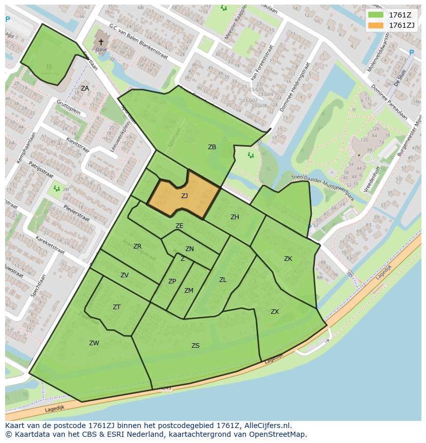 Afbeelding van het postcodegebied 1761 ZJ op de kaart.
