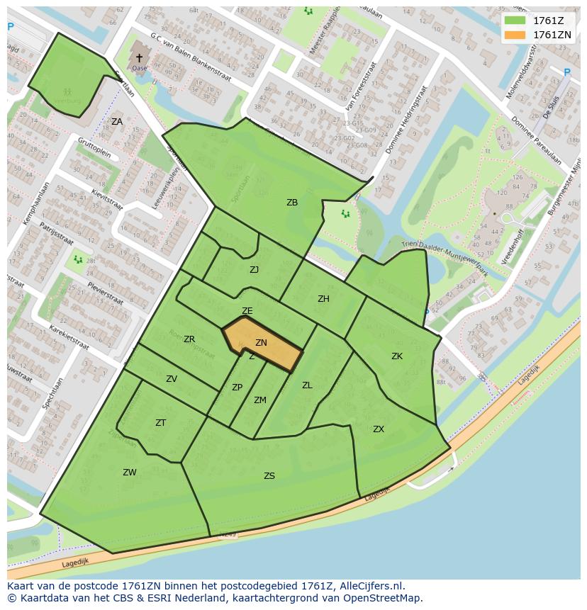 Afbeelding van het postcodegebied 1761 ZN op de kaart.