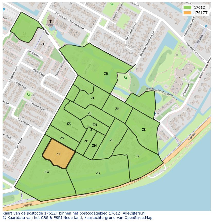 Afbeelding van het postcodegebied 1761 ZT op de kaart.