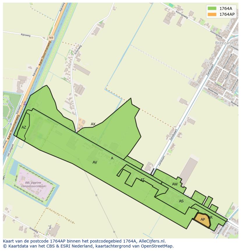 Afbeelding van het postcodegebied 1764 AP op de kaart.
