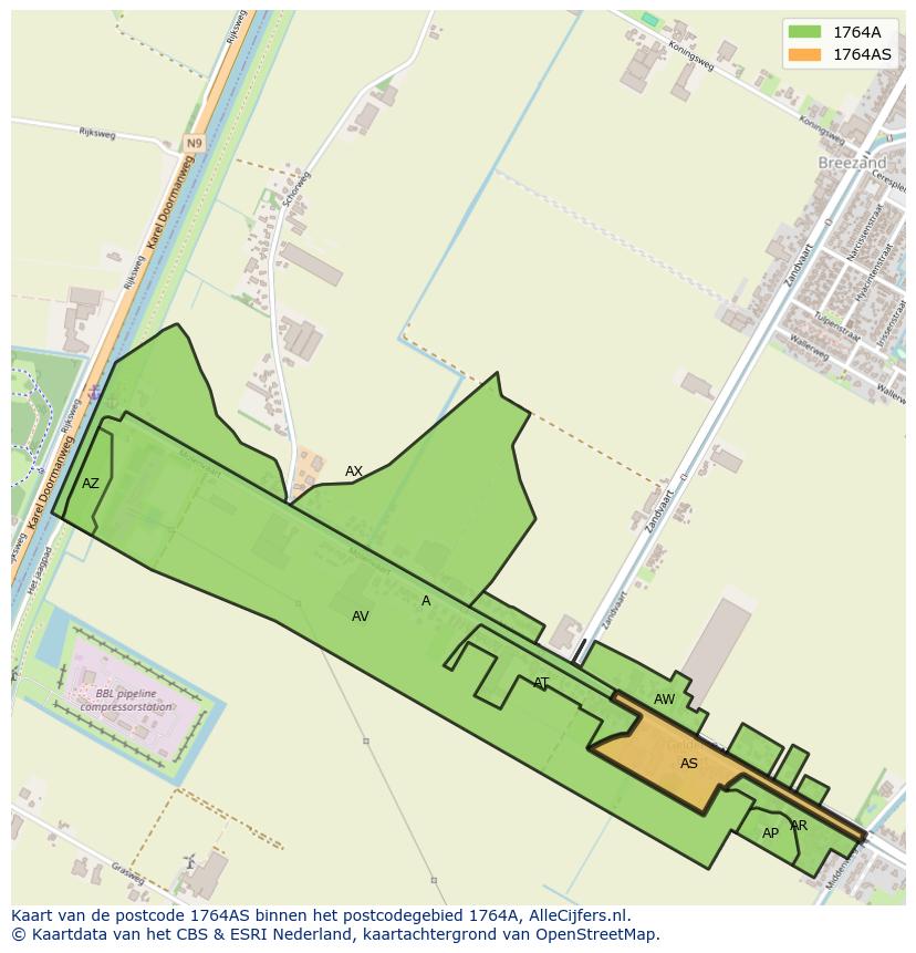 Afbeelding van het postcodegebied 1764 AS op de kaart.