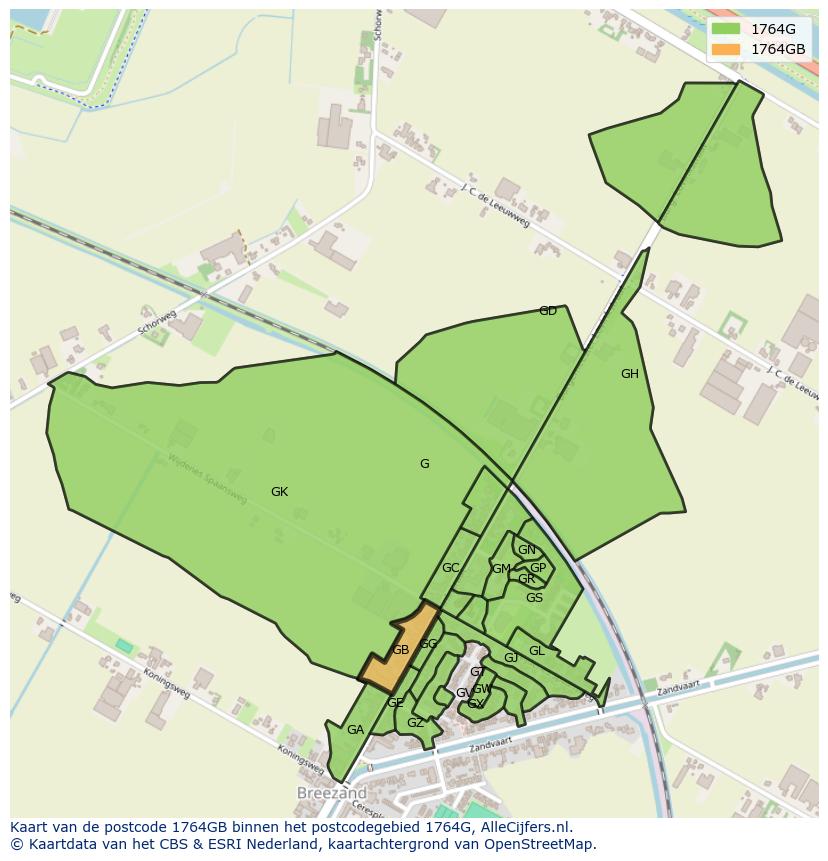 Afbeelding van het postcodegebied 1764 GB op de kaart.