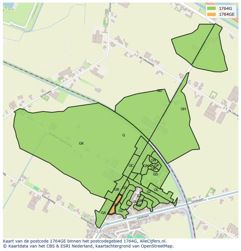 Afbeelding van het postcodegebied 1764 GE op de kaart.