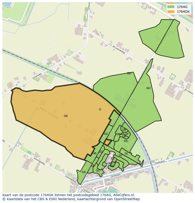 Afbeelding van het postcodegebied 1764 GK op de kaart.