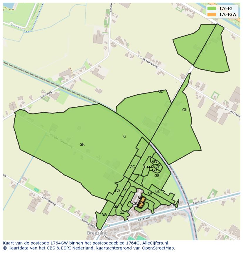 Afbeelding van het postcodegebied 1764 GW op de kaart.