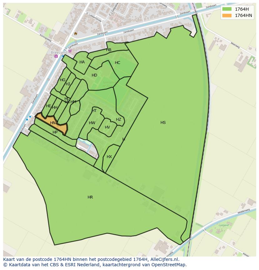 Afbeelding van het postcodegebied 1764 HN op de kaart.