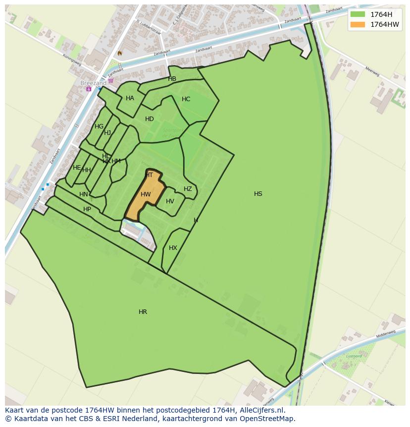 Afbeelding van het postcodegebied 1764 HW op de kaart.