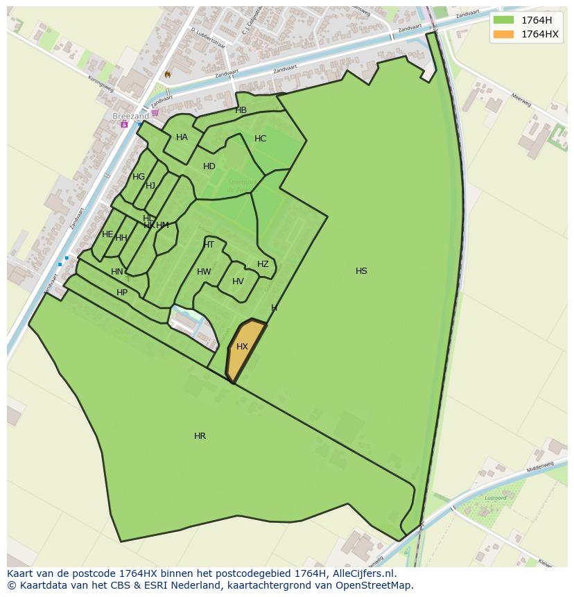 Afbeelding van het postcodegebied 1764 HX op de kaart.