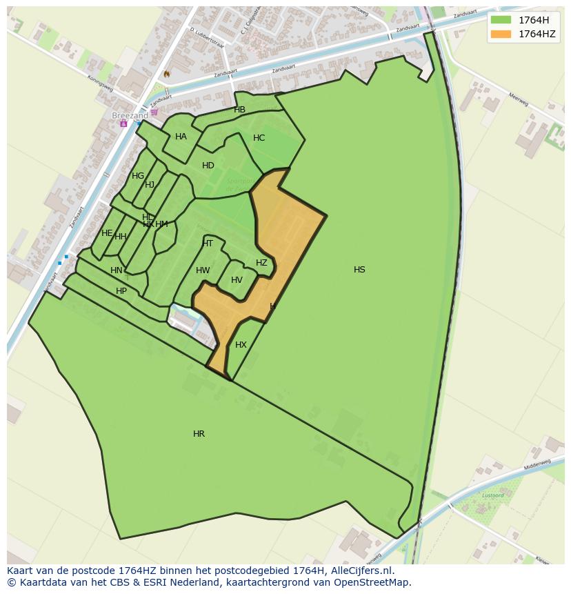 Afbeelding van het postcodegebied 1764 HZ op de kaart.
