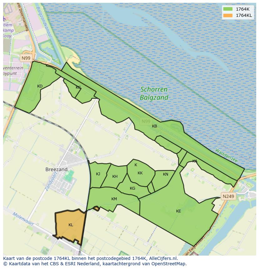 Afbeelding van het postcodegebied 1764 KL op de kaart.